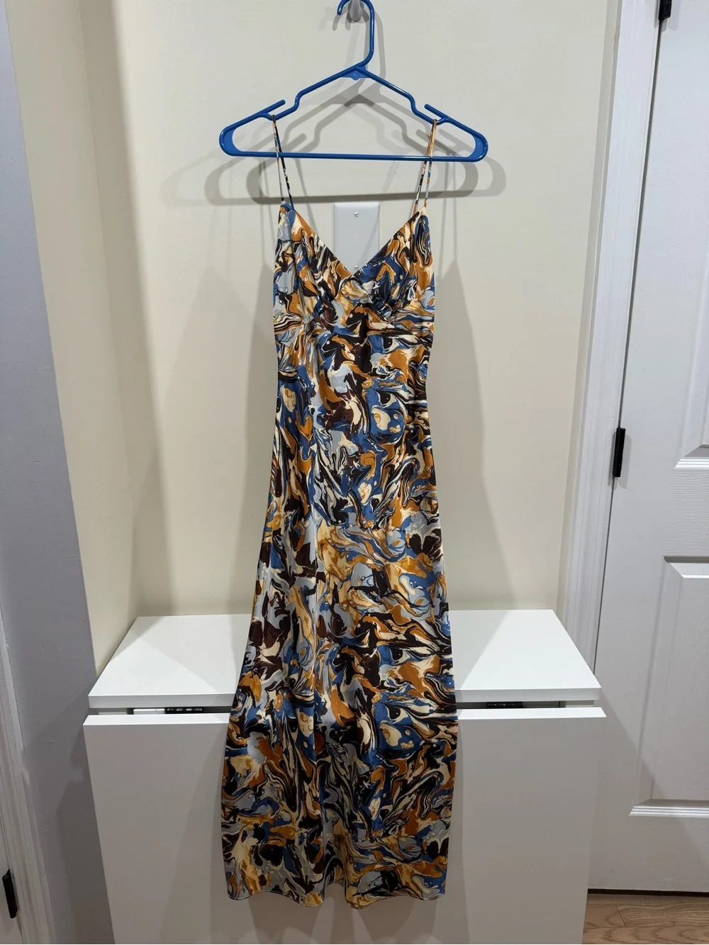 Spaghetti Strap Maxi Dress in Blue & Mustard Swirl